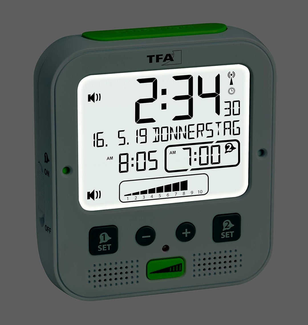 TFA Dostmann Boom Funkwecker, Laut mit Vibrationsalarm, Snooze-Funktion, einstellbare Lautstärke und