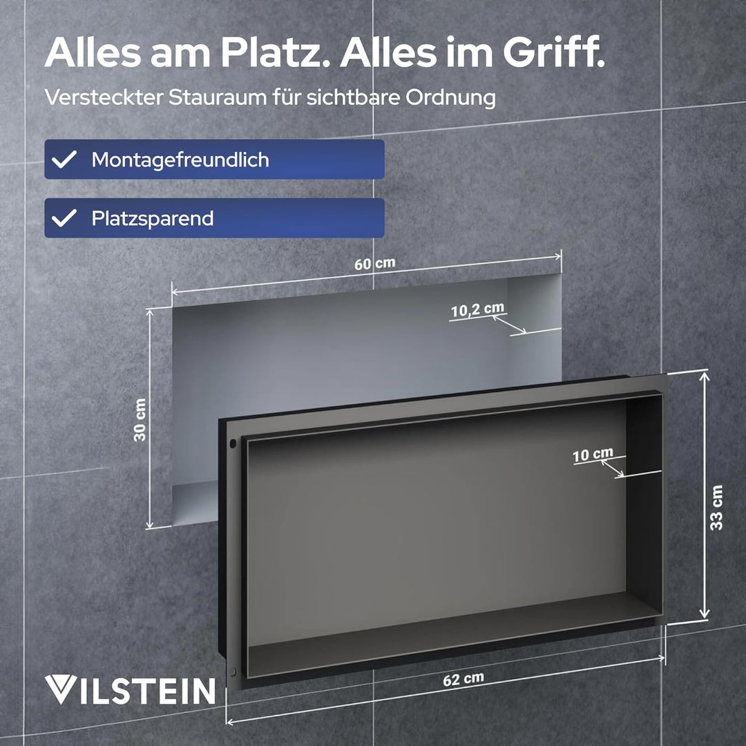 VILSTEIN Wandnische Dusche 30x60 cm [ROSTFREI] - Randlose Nische - Wandnische Schwarz - Einbauregal