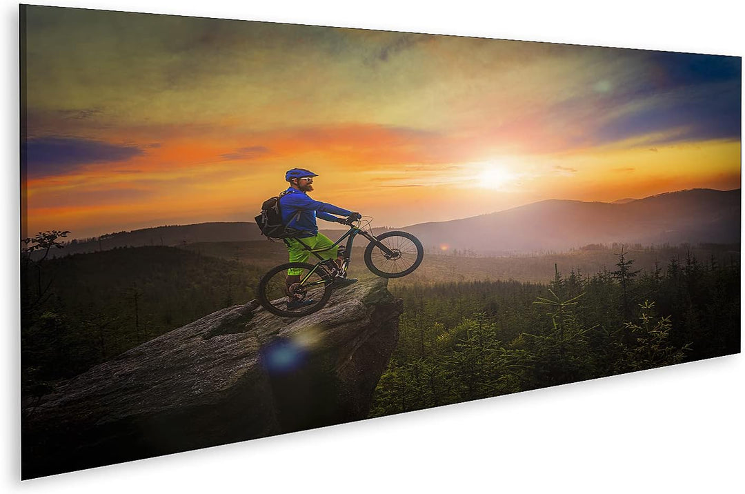 islandburner Bild auf Leinwand Mountainbiker Sonnenuntergang auf Fahrrad MTB Cross Country Downhill