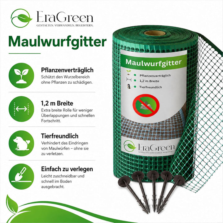 EraGreen® Maulwurfgitter 80 m x 1,2 m Breite Inklusive 80 Erdanker GRATIS - Maulwurfschutz für Rollr