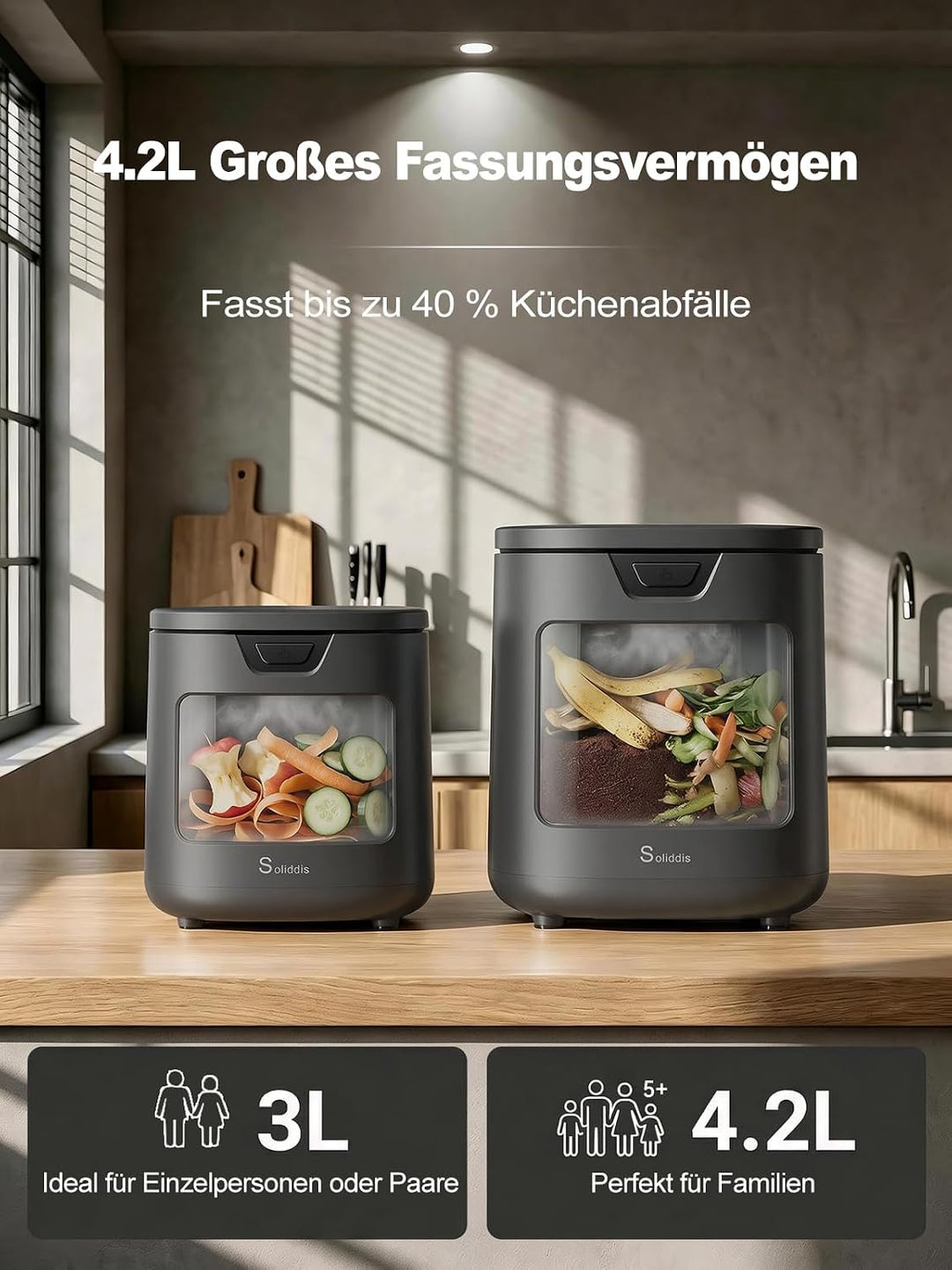 Elektrischer Küchenkomposter 4,2L – Geruchsarmer Komposter für die Küche Schwarz, Schwarz