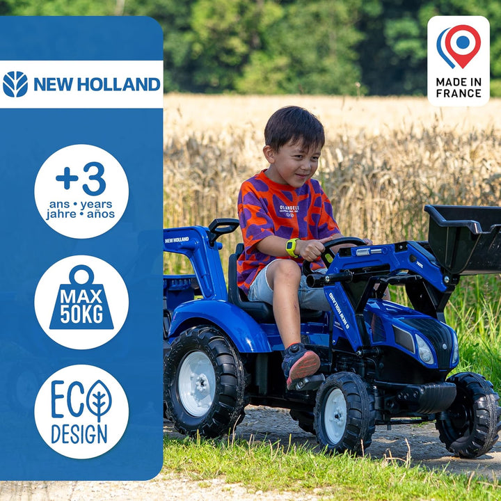Falk New Holland T8 Tractor + Aanhanger + Lader + Graafarm Frontlader, Heckbagger, Kippbarem Anhänge