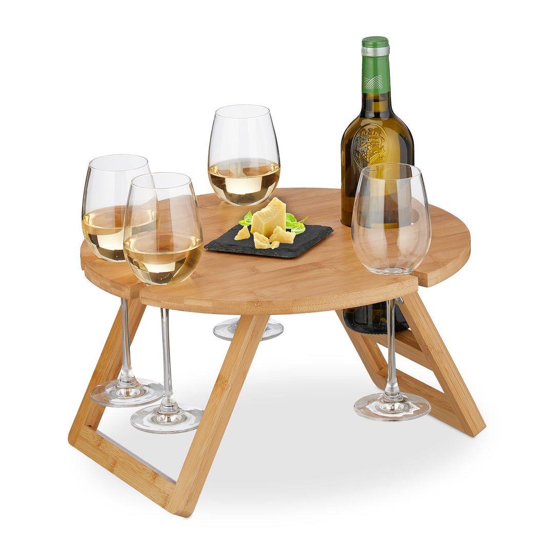Relaxdays Picknick Weintisch, klappbar, HxD: 22x39cm, Getränkehalter 4 Weingläser &amp; 1 Flasche, Bambu