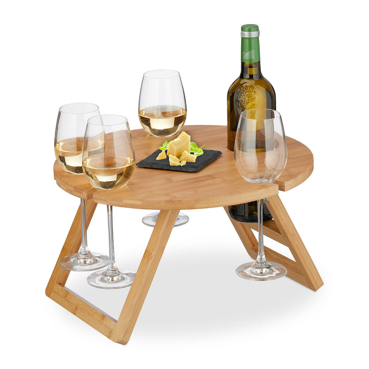 Relaxdays Picknick Weintisch, klappbar, HxD: 22x39cm, Getränkehalter 4 Weingläser &amp; 1 Flasche, Bambu