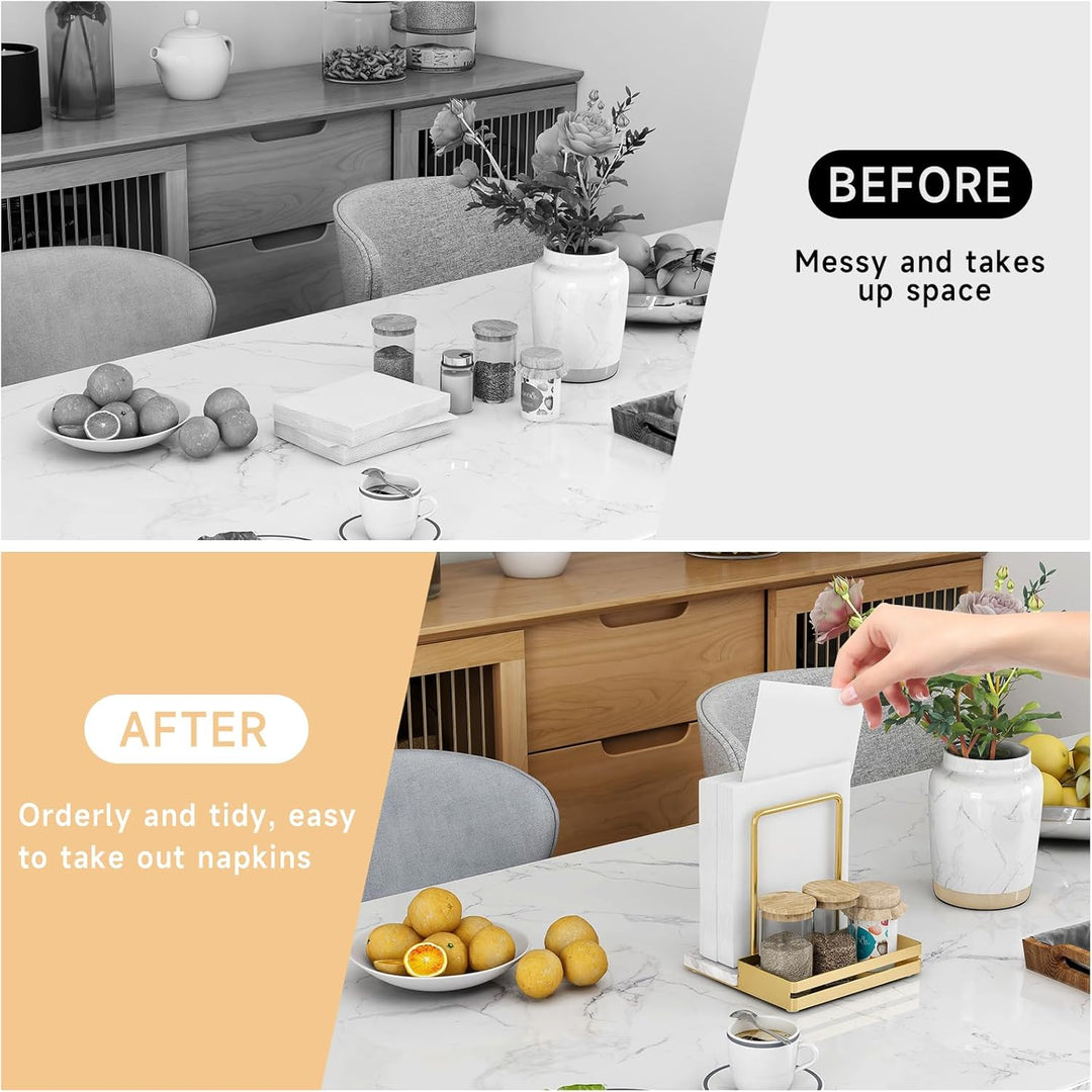 Serviettenhalter Golden, Serviettenhalter aus Metall & Marmor Serviettenspender mit Caddy für Tisch