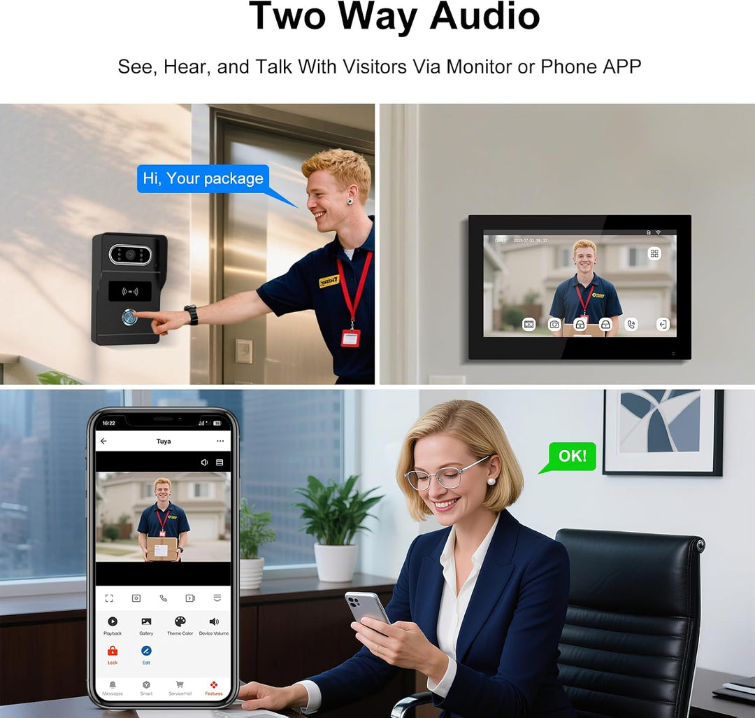 Tuya WLAN 2-Draht Video Türsprechanlage mit Kamera, 7-Zoll-IPS-Touchscreen, Full HD 1080P HD-Türklin