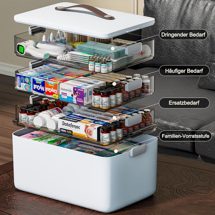 CTIME 4-lagige XXL-Medikamentenbox (Set) – Tragbarer Organizer mit Ledergriff, leerer Aufbewahrungsk