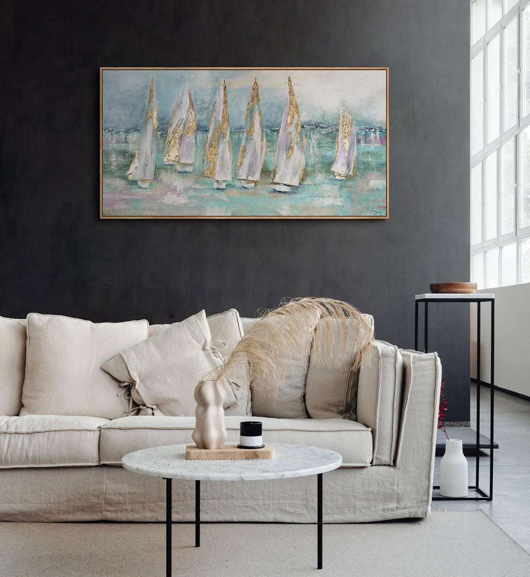 YS-Art Abstrakt Acryl Gemälde auf Leinwand handgemalt Segelboote Wandbilder Wohnzimmer Moderne Blaue