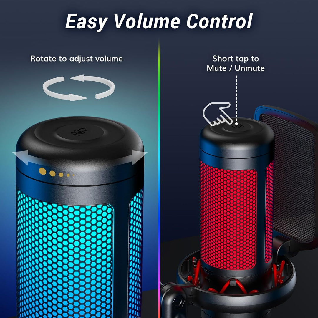 TONOR Gaming Mikrofon PC, USB Microphone für Computer PS4/5, Kondensatormikro mit RGB-Modi & Helligk