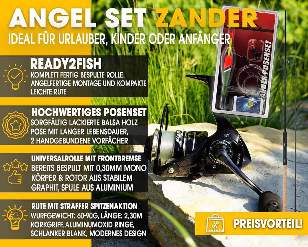 Angel-Berger Steck Angelset Rute Rolle mit Zubehör Angelset Zander