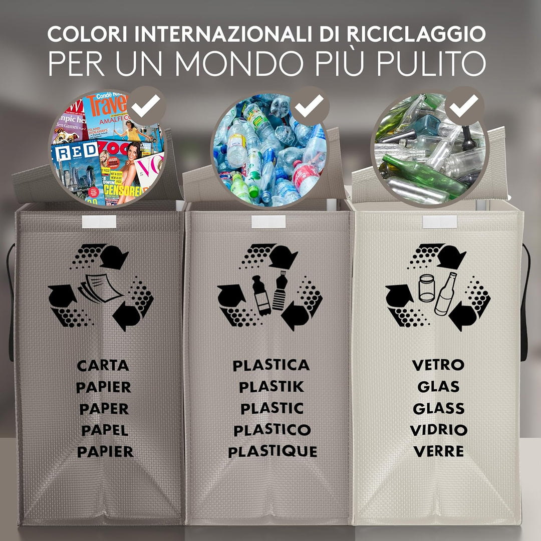 PTMS® Mülleimer 3 Fächer inkl. Deckel - Mülltrennsystem Taschen für Papier, Glas & Plastik - Recycli