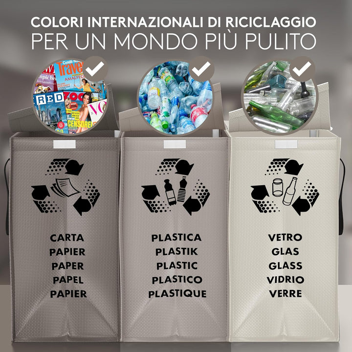PTMS® Mülleimer 3 Fächer inkl. Deckel - Mülltrennsystem Taschen für Papier, Glas & Plastik - Recycli