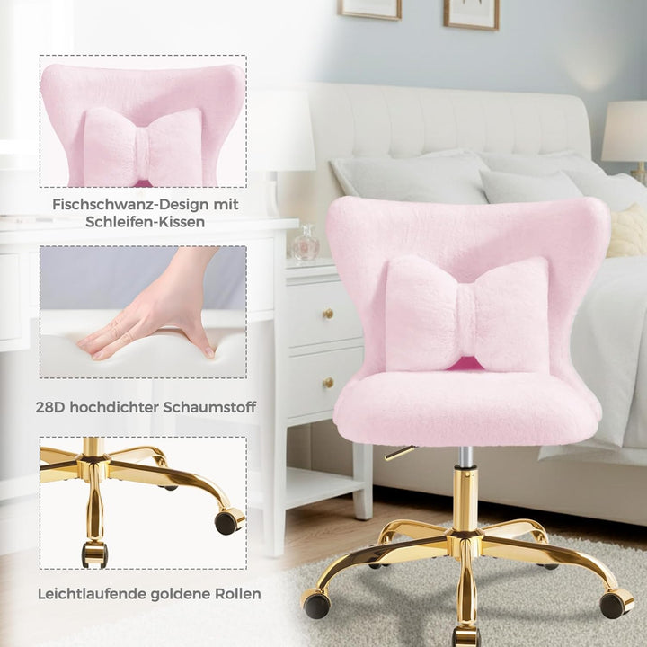 Schminktisch Stuhl mit Rollen Gold, Schreibtischsessel Mädchen, Drehstuhl Home Office mit Kissen, Hö