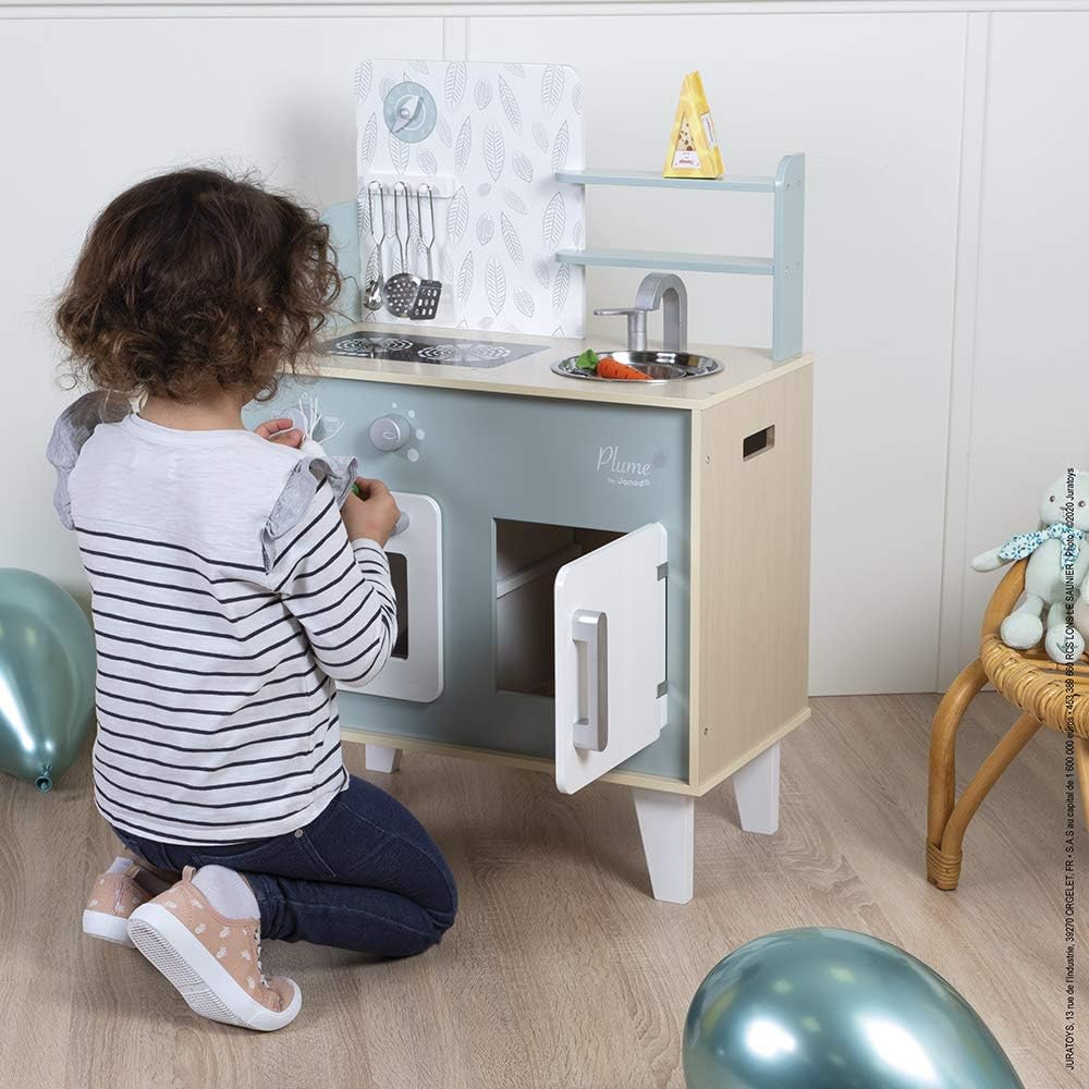 Janod - Küche ‘Plume’ - Kinderküche aus Holz mit Backofen, Edelstahlspüle, Schrank, Induktionskochpl
