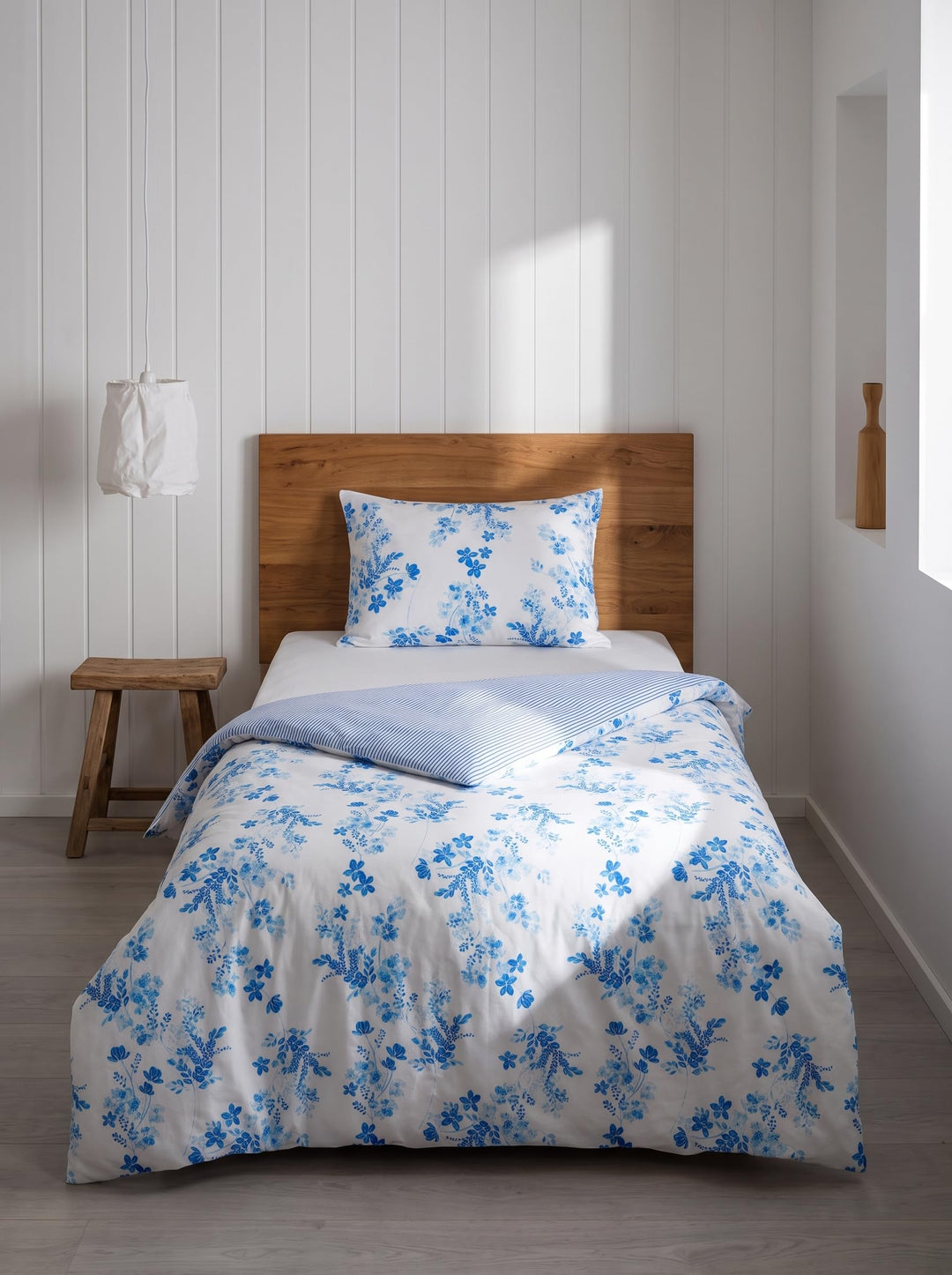 LERUUM Bettwäsche Set 135X200 Baumwolle Streifen Blumen Reversibel Blau Bettbezugen (135 x 200 + 80