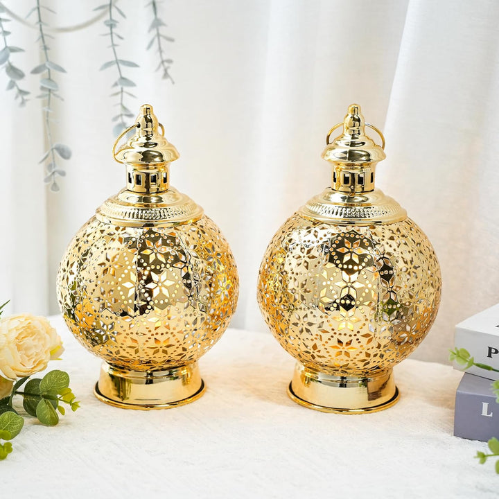 TRIROCKS Ramadan-Laternen, 2 Stück, 25,4 cm, Gold, elektrischer Kerzenhalter mit Timer, Metall, deko