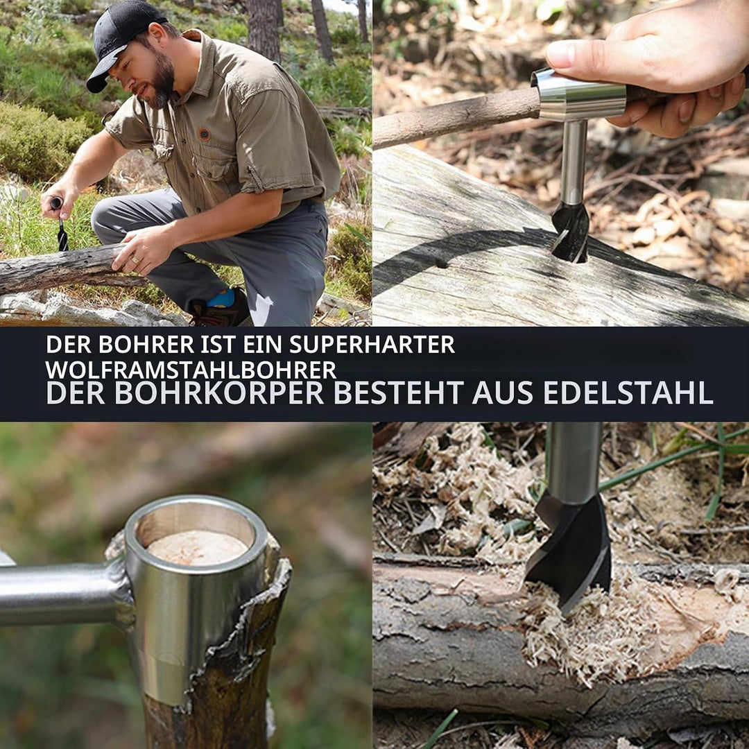 WhaleO Handbohrer Bushcraft, Handbohrer Holz mit Lederhülle,Holzbohrer Outdoor Bohrer Outdoor Surviv