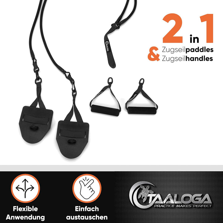 TAALOGA® 2in1 Zugseil Schwimmtraining Zugseiltraining mit Handpaddles und Griffen Schwarz, Schwarz