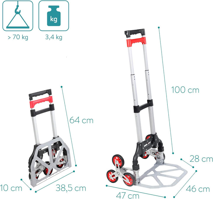 Navaris faltbare Alu Sackkarre mit Treppensteiger - belastbar bis 70kg - Gummiräder - Aluminium Hand