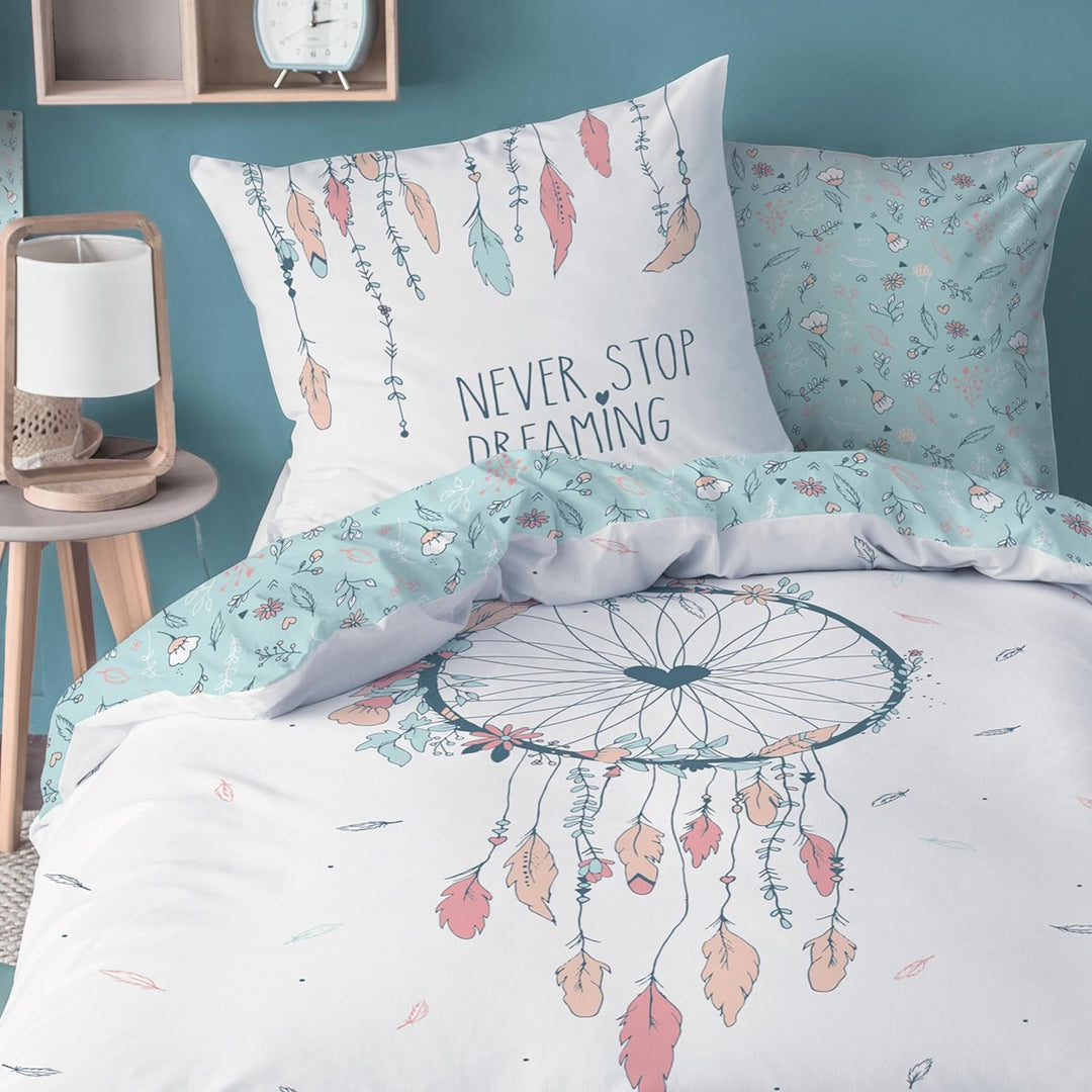 MTOnlinehandel Mädchen Bettwäsche 135x200 cm 2 teilig Boho Blumen Federn Kissenbezug 80 x 80 cm + Be