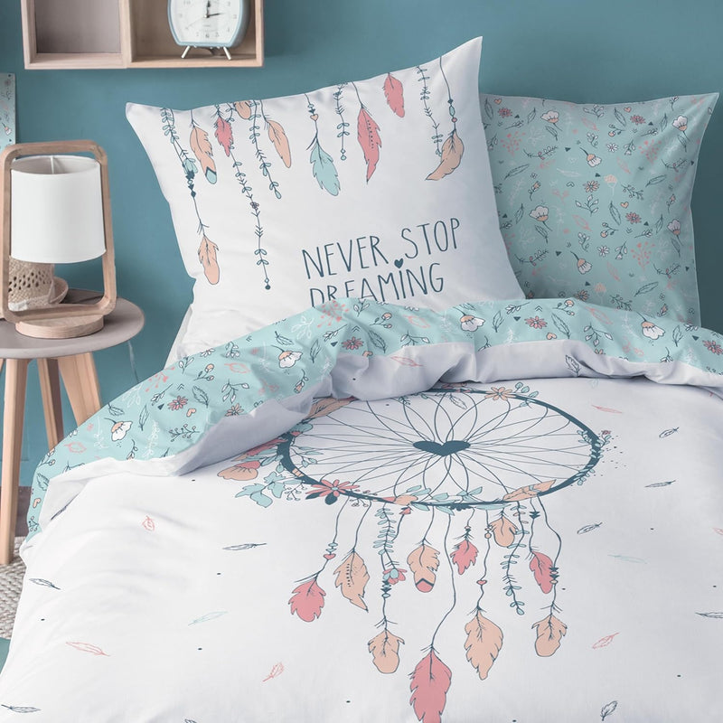 MTOnlinehandel Mädchen Bettwäsche 135x200 cm 2 teilig Boho Blumen Federn Kissenbezug 80 x 80 cm + Be
