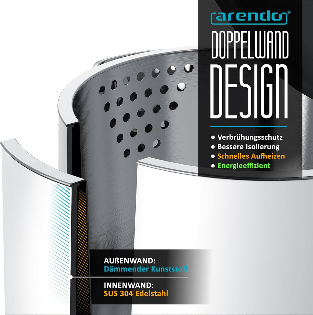 Arendo - Wasserkocher Edelstahl – 1,5 Liter - 2200 Watt – Doppelwand-Design – 360° Controller – BPA-