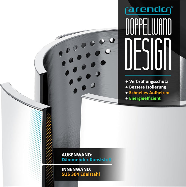 Arendo - Wasserkocher Edelstahl – 1,5 Liter - 2200 Watt – Doppelwand-Design – 360° Controller – BPA-