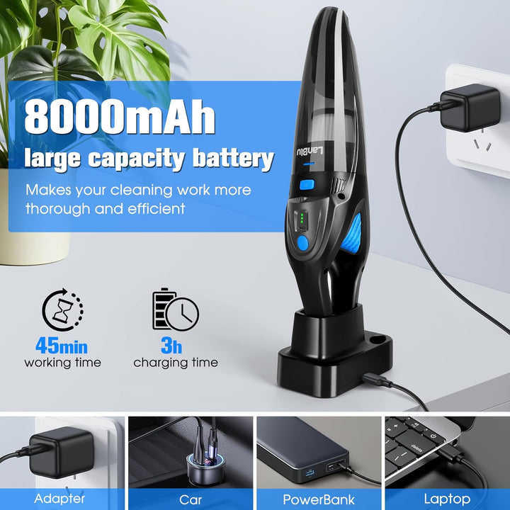 Handstaubsauger Akku Testsieger mit Ladestation & LED Beleuchtung, 25000Pa Kabelloser Handstaubsauge