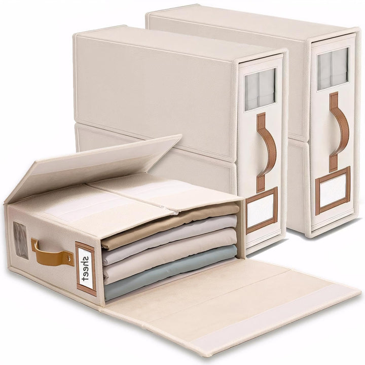 Bubooo3 Linen Bed Sheet Organiser Box, 3 Faltbarer bettwäsche aufbewahrungbox mit Transparentem Fens