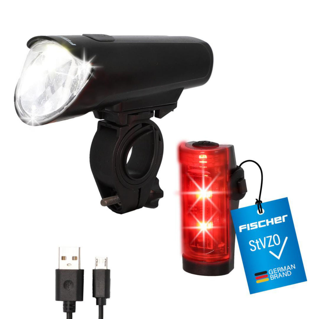 Fischer Fahrrad LED-Akku Beleuchtungs-Set small-Box, spritzwassergeschützt, wiederaufladbar 45 Lux,