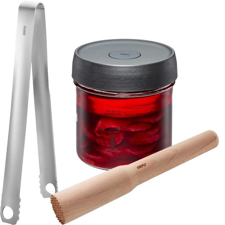 GEFU Set: Fermentierglas NATIVO, 0,5 l + Küchenzange und Stössel NATIVO 0,5 Liter (mit Stössel und Z
