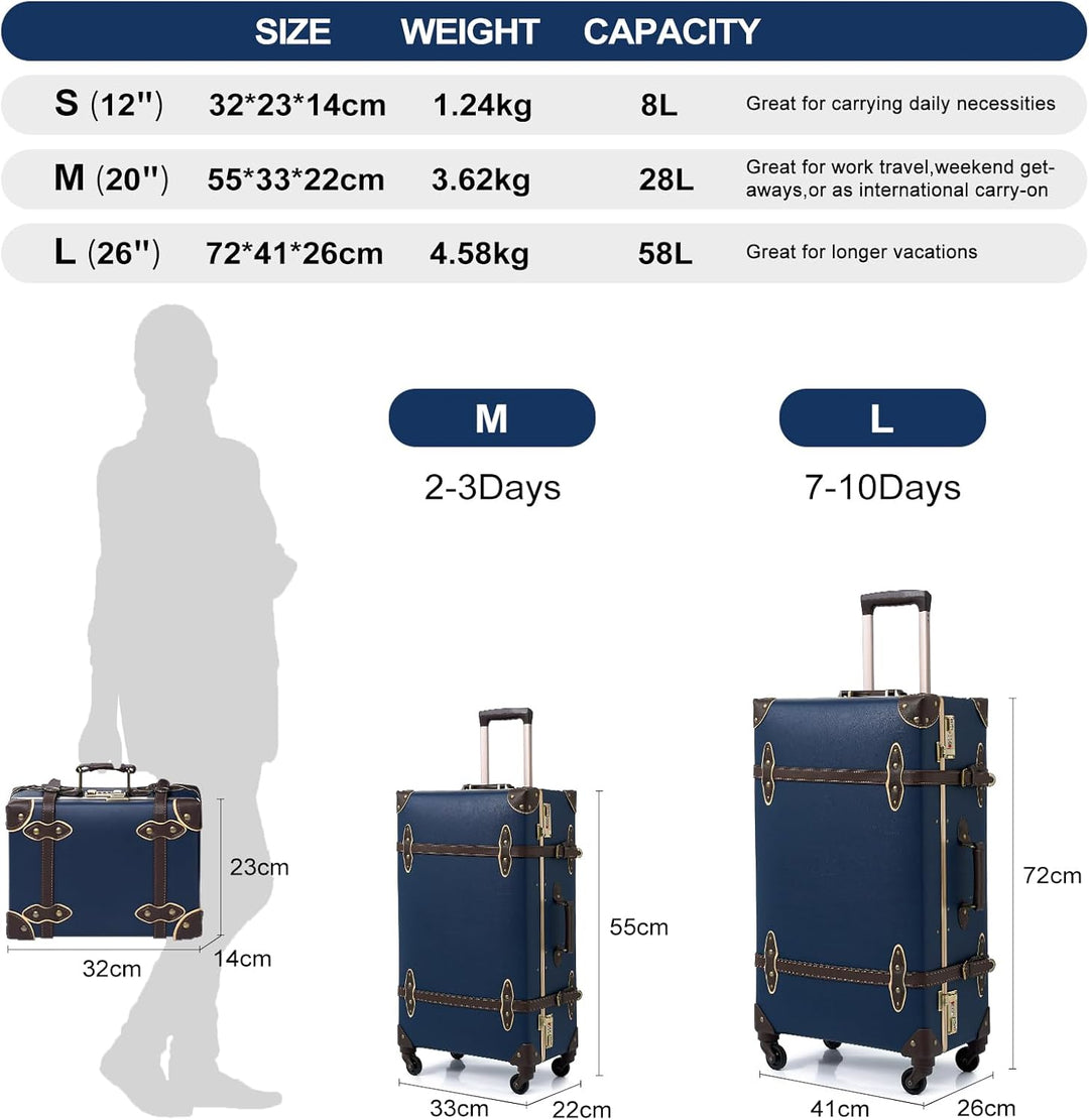 Urecity Koffer Vintage mit 4 Rollen Trolley Koffer Reisekoffer Leicht Retro Hartschalen Koffer 2-Tei
