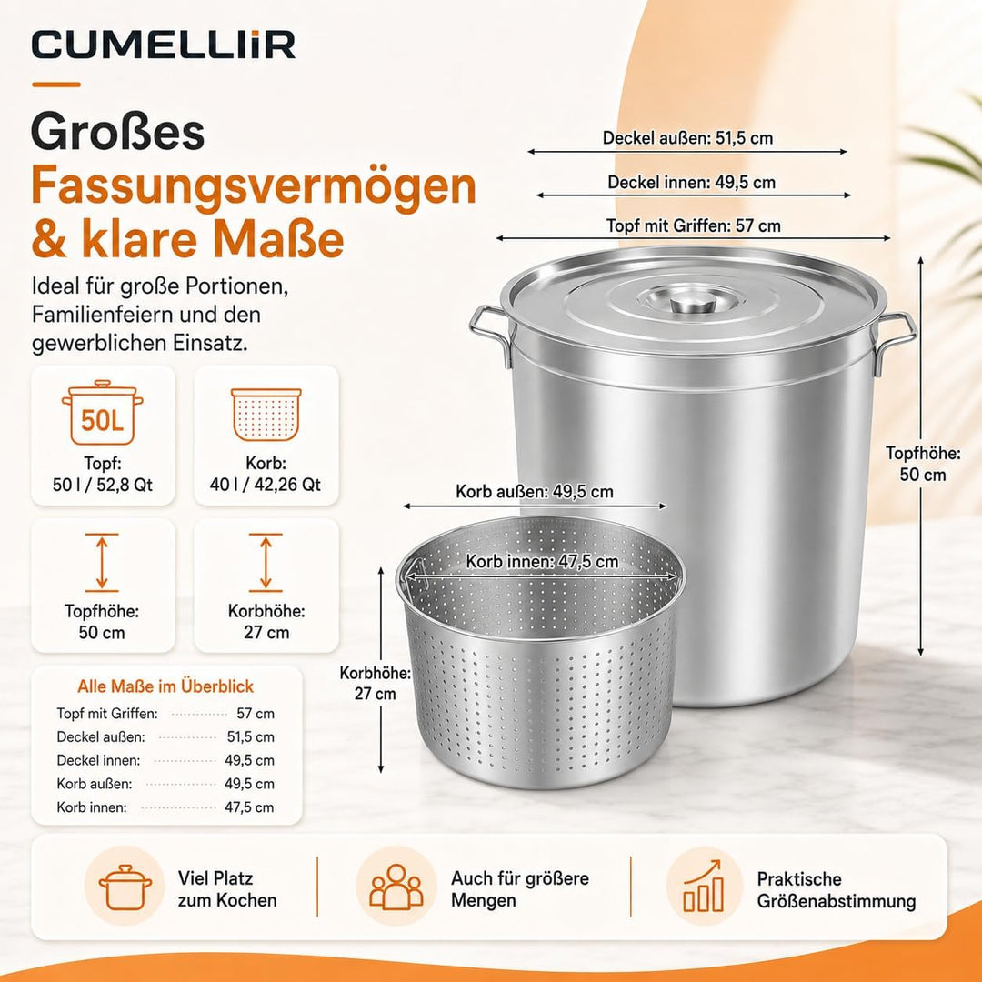 Edelstahl Kochtopf 50 Liter, Suppentopf Gross Mit Korb And Deckel, Grosser Topf Für Induktionsherden