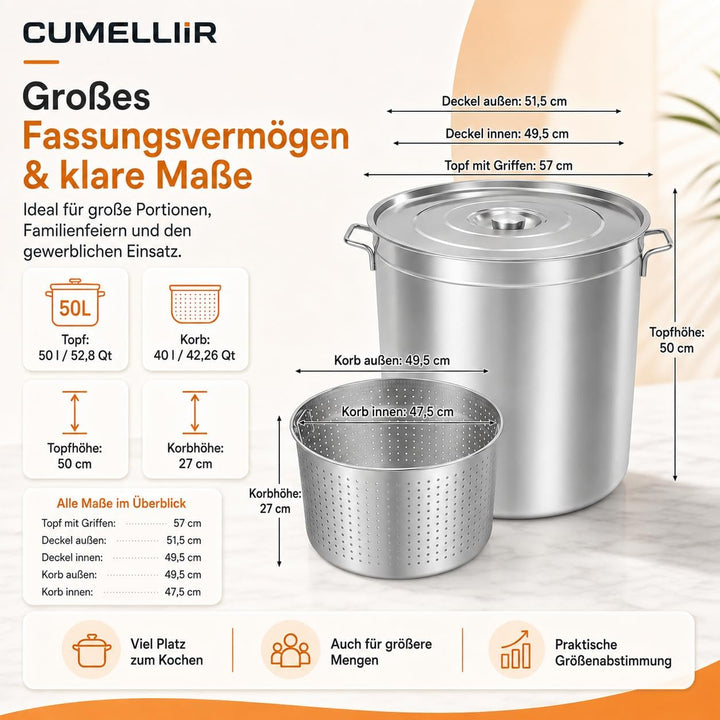 Edelstahl Kochtopf 50 Liter, Suppentopf Gross Mit Korb And Deckel, Grosser Topf Für Induktionsherden
