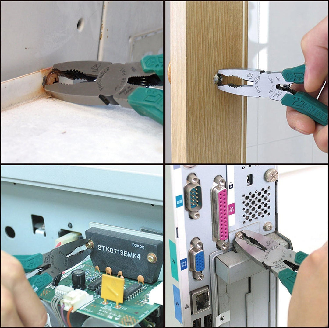 Kombizange mit vertikalen Rillen zum schnellen Lösen beschädigter Schrauben (Grüne Griffe). Japanisc