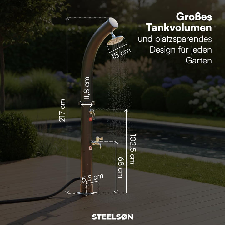 STEELSØN Selara Solardusche 20 L ohne Bodenplatte – Gartendusche bis 60° C – Pooldusche gebogen Camp