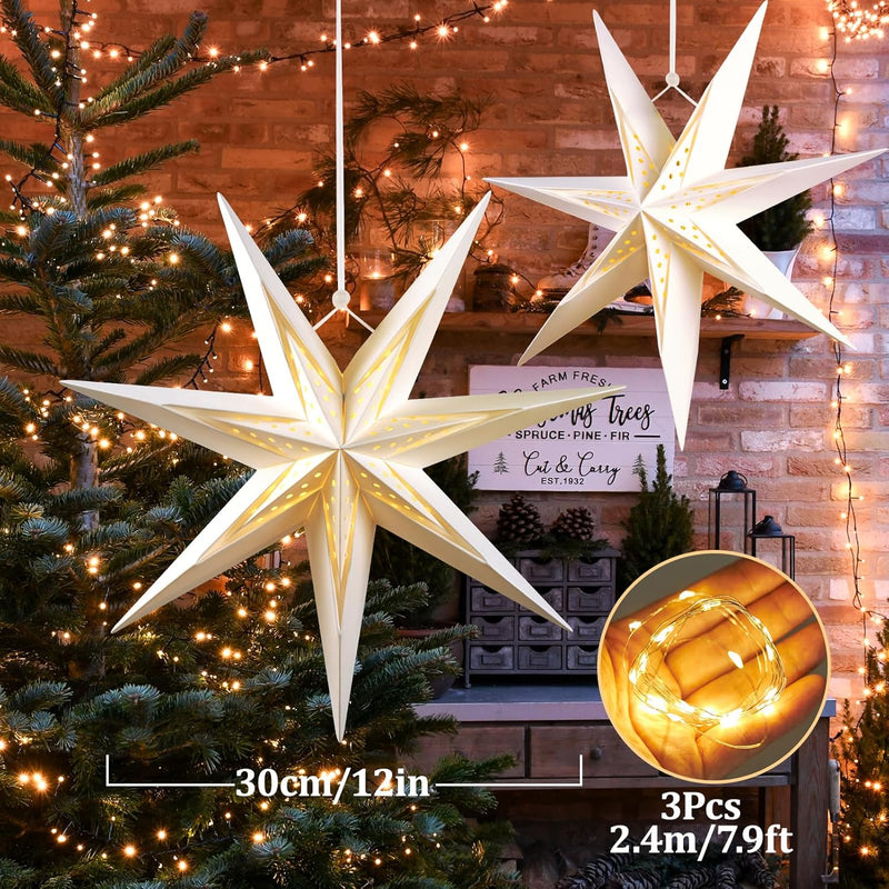 SUNBEAUTY 3er Set Papiersterne Weiss 30cm Faltstern Beleuchtet Weihnachten Deko 7 Zacken Faltsterne