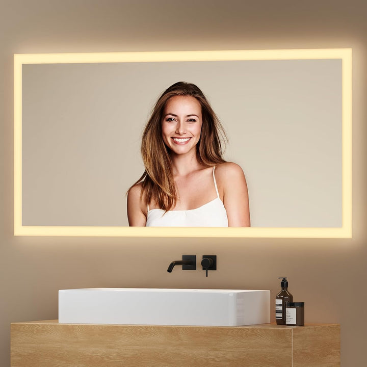 EMKE® Badspiegel mit Beleuchtung 120x60cm LED Wandspiegel 3000K Warmweiss Wandschalter Vertikal/Hori
