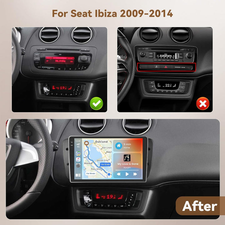 Hikity Android 15 4+64G Autoradio für Seat Ibiza 6J 2009-2014 mit 9 Zoll Incell Touchscreen, Autorad
