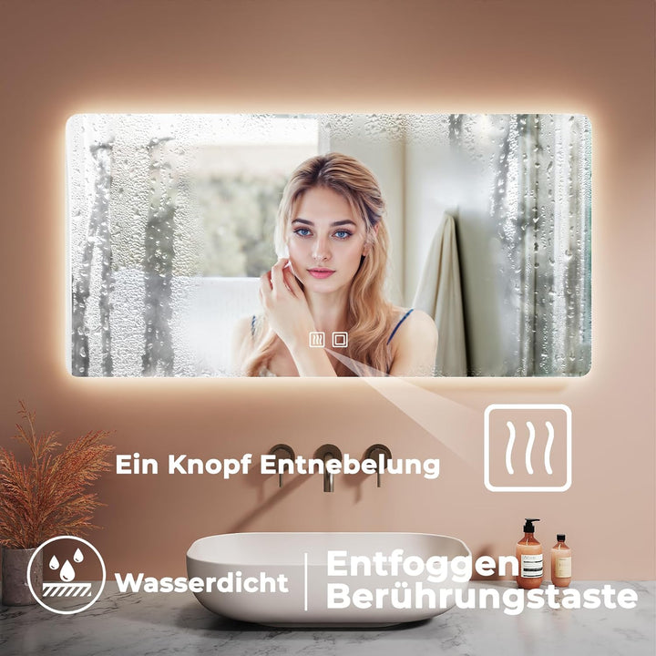 Badspiegel mit Beleuchtung, 120x60x3.5cm, Wandspiegel mit 3.5 cm kupferfreiem Glas, LED mit 3 Farben