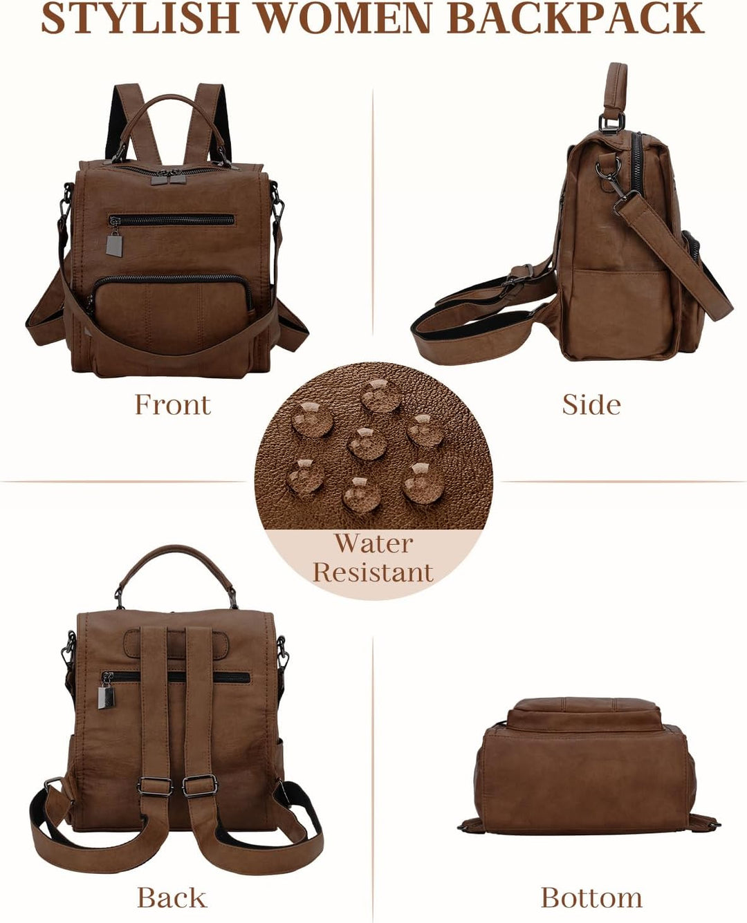 RAVUO Damen Rucksack,PU Leder Rucksack Mode Rucksäcke Rucksackhandtaschen Schulrucksäcke Reise Daypa