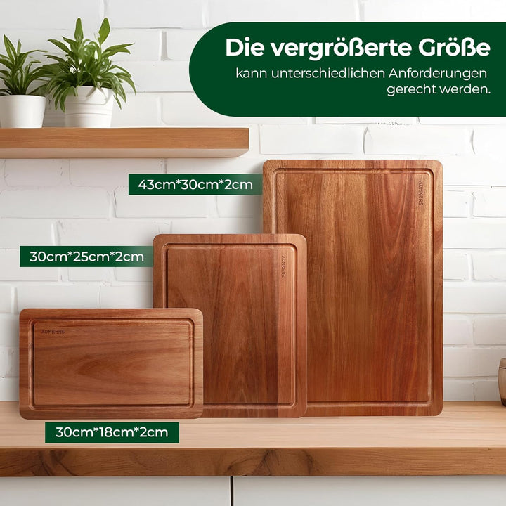 Schneidebrett Holz 3er Set, grosses Schneidebrett aus massivem Akazienholz, 2 cm dickes Küchenbrett