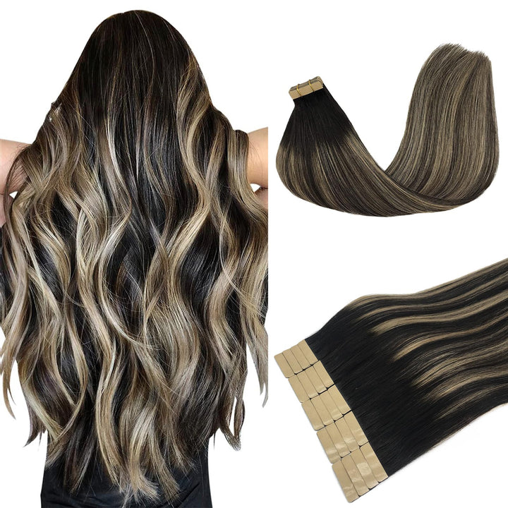 Extensions Echthaar Tape in, Balayage Natürliches Schwarz bis Hellblond 35cm (14zoll) 50g 20pcs, Ech