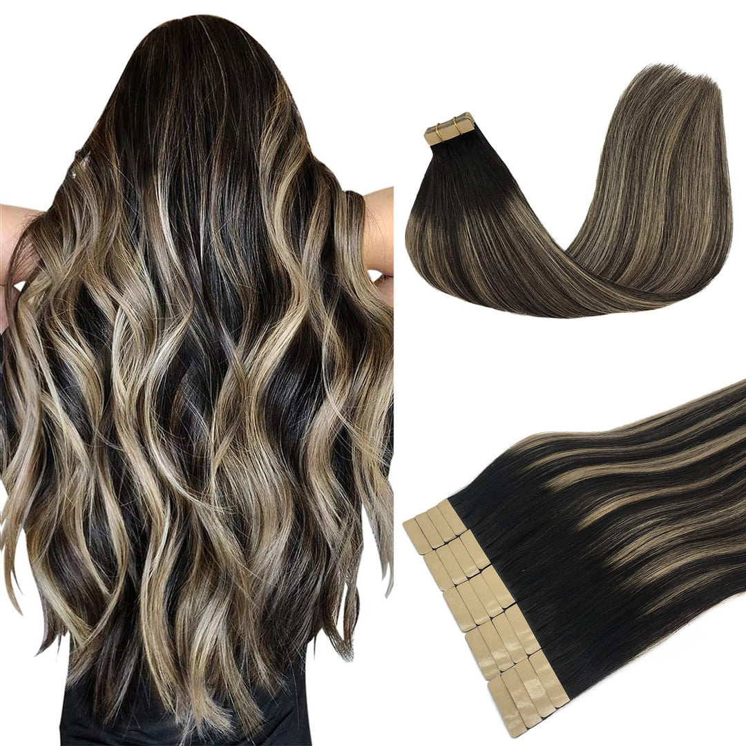 DOORES Extensions Echthaar Tape in, Balayage Natürliches Schwarz bis Hellblond 45cm (18zoll) 50g 20p