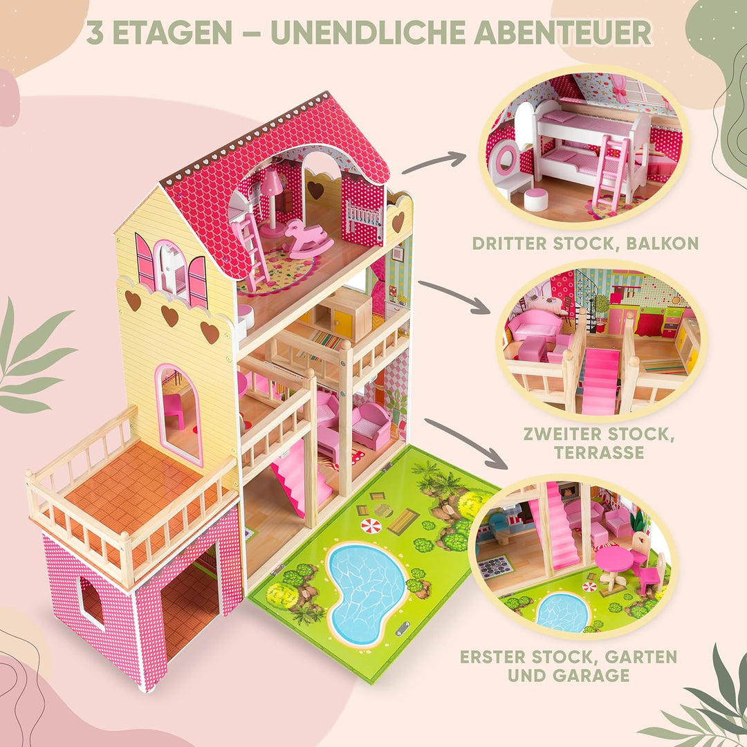 Kinderplay Puppenhaus Holz Gross, Puppenvilla, Puppenhaus Holz Gross komplett - Barbie Traumvilla, B