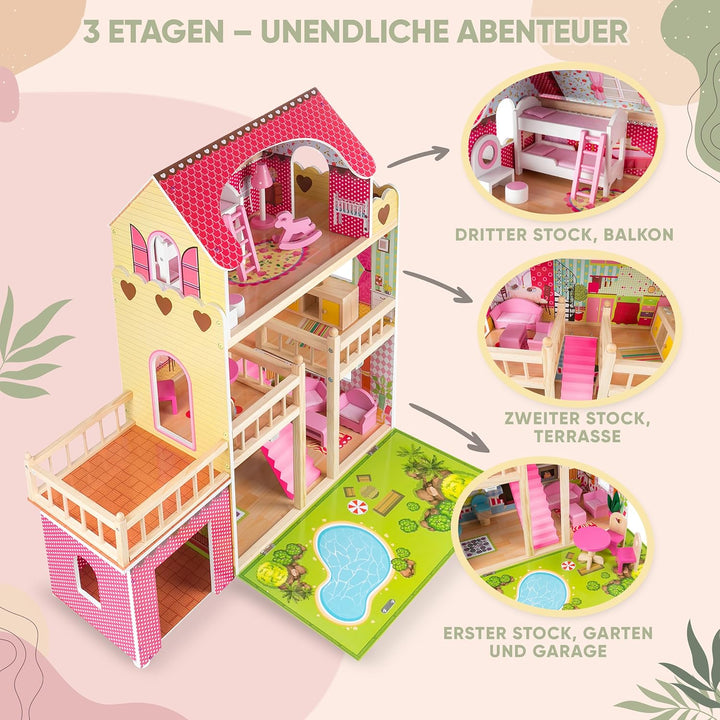 Kinderplay Puppenhaus Holz Gross, Puppenvilla, Puppenhaus Holz Gross komplett - Barbie Traumvilla, B