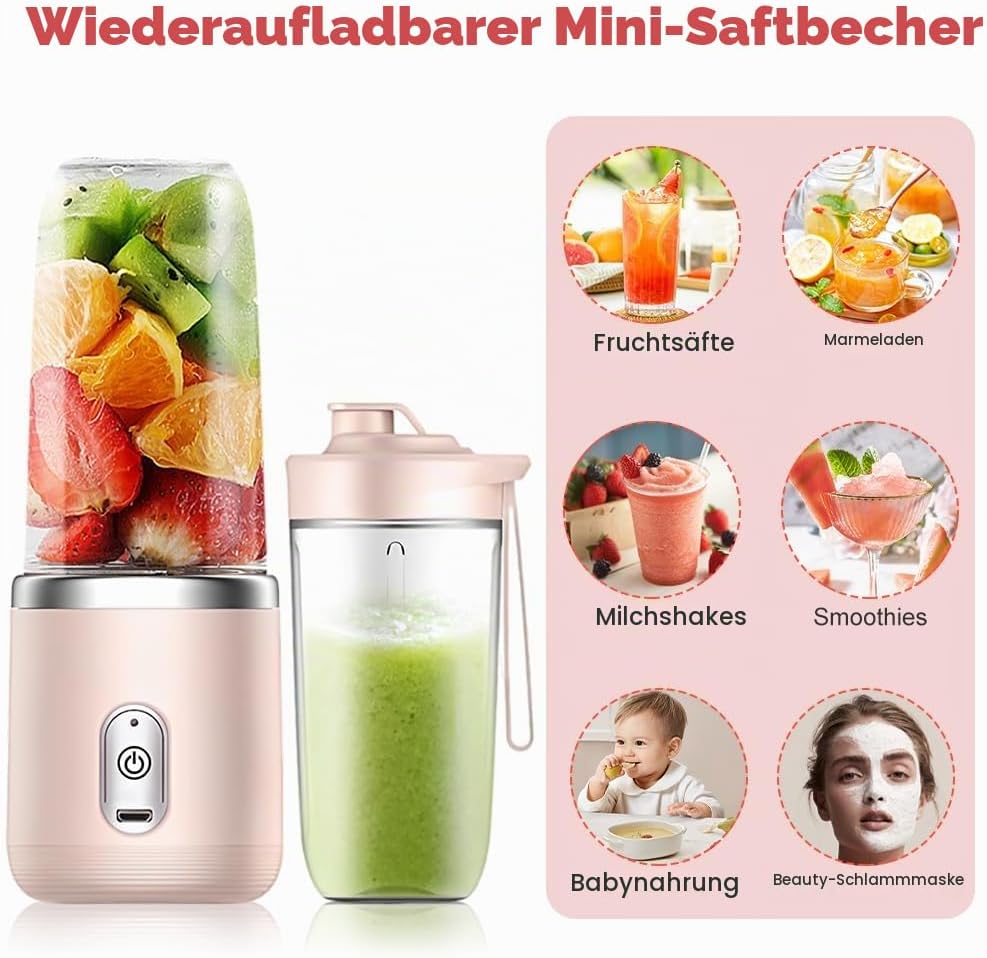 Tragbarer Mixer, 400ML Portable Blender mit Ersatzbecher, USB Wiederaufladbar Mixer Smoothie Maker t