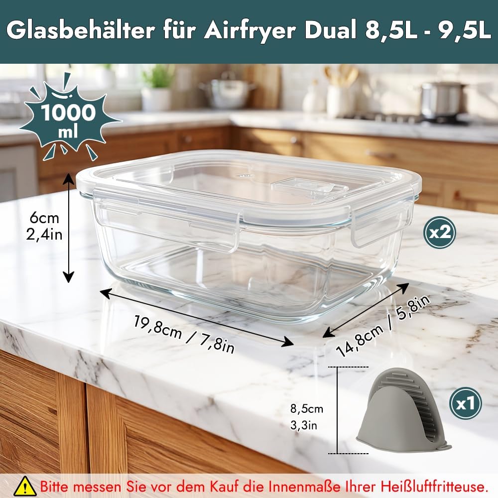 YQL Airfryer Zubehör für COSORI 2 Kammern 8,5L/Ninja Dual 9,5L, Borosilikatglas Auflaufform hitzebes