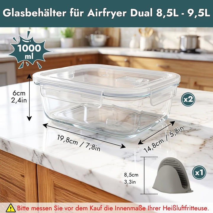 YQL Airfryer Zubehör für COSORI 2 Kammern 8,5L/Ninja Dual 9,5L, Borosilikatglas Auflaufform hitzebes
