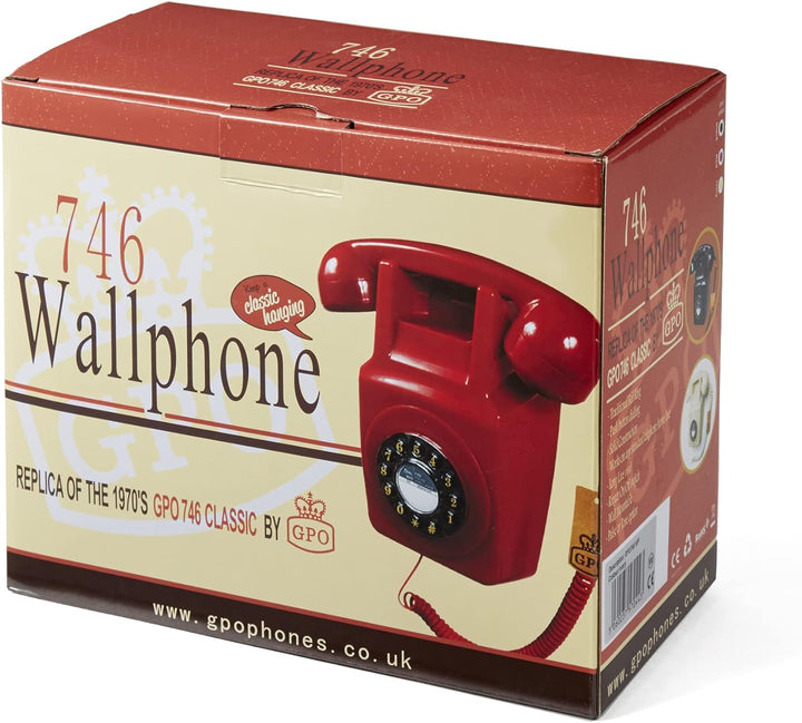 GPO 746WALL Retro Festznetztelefon mit Drucktasten zur Wandmontage mit authentischer Klingelton, Rot